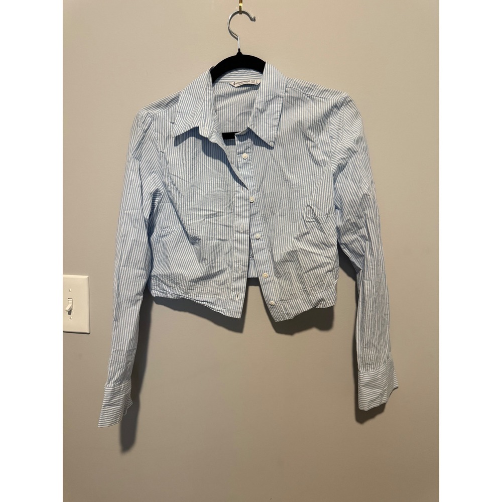 Stradivarius Women Blue White Striped Cropped Cotton Button Down Shirt Size M